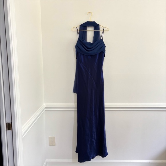 Blue Satin Maxi Dress With Scarf Sz XL Cobalt / Navy Vtg Y2K - Picture 2 of 6